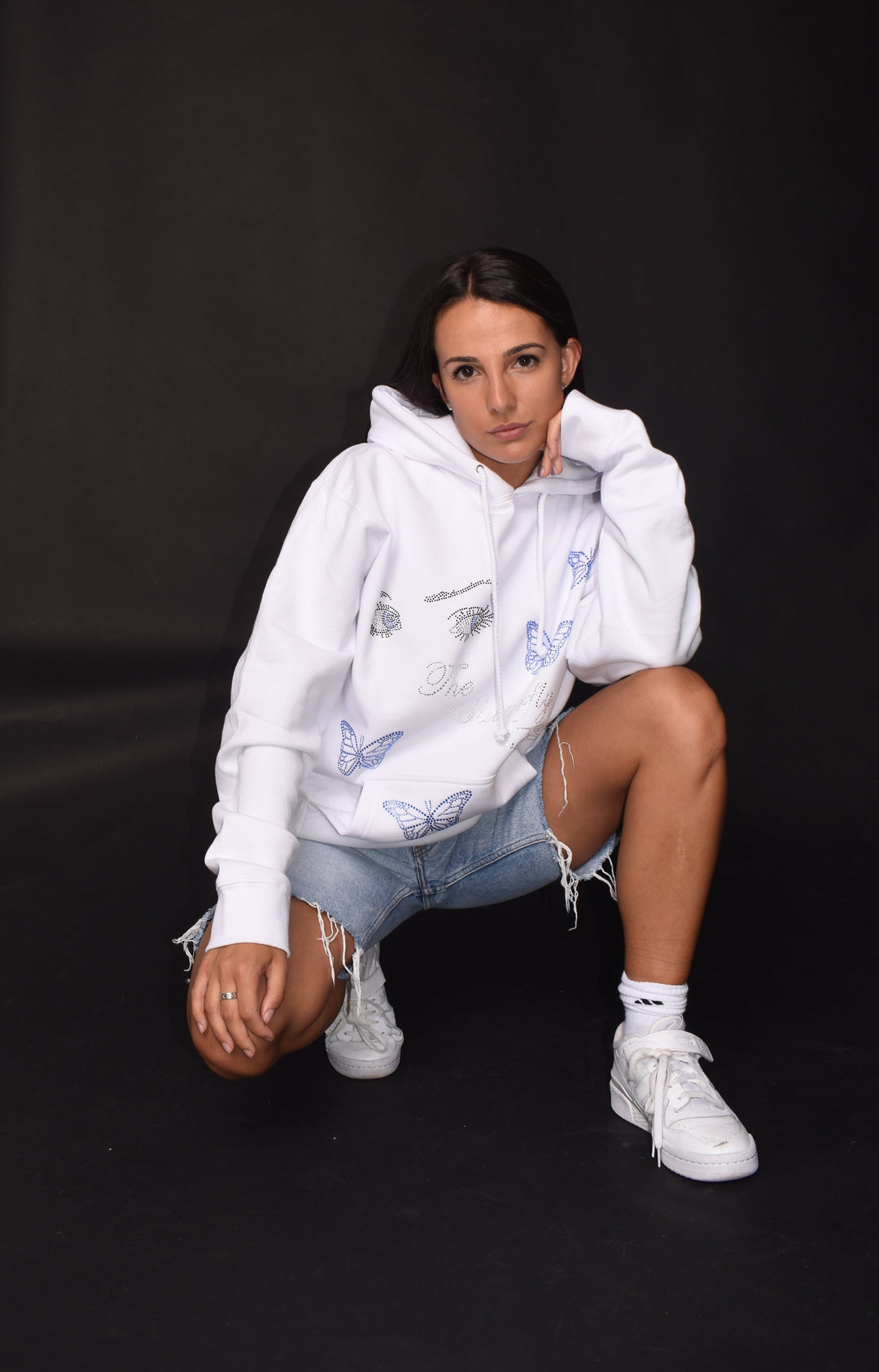 THE BUTTERFLY EFFECT WHITE RHINESTONE HOODIE