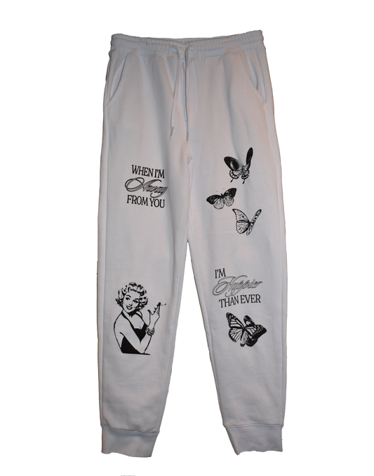 "When I'm Away From You" White Sweatpants. Best streetwear fashion API The Label